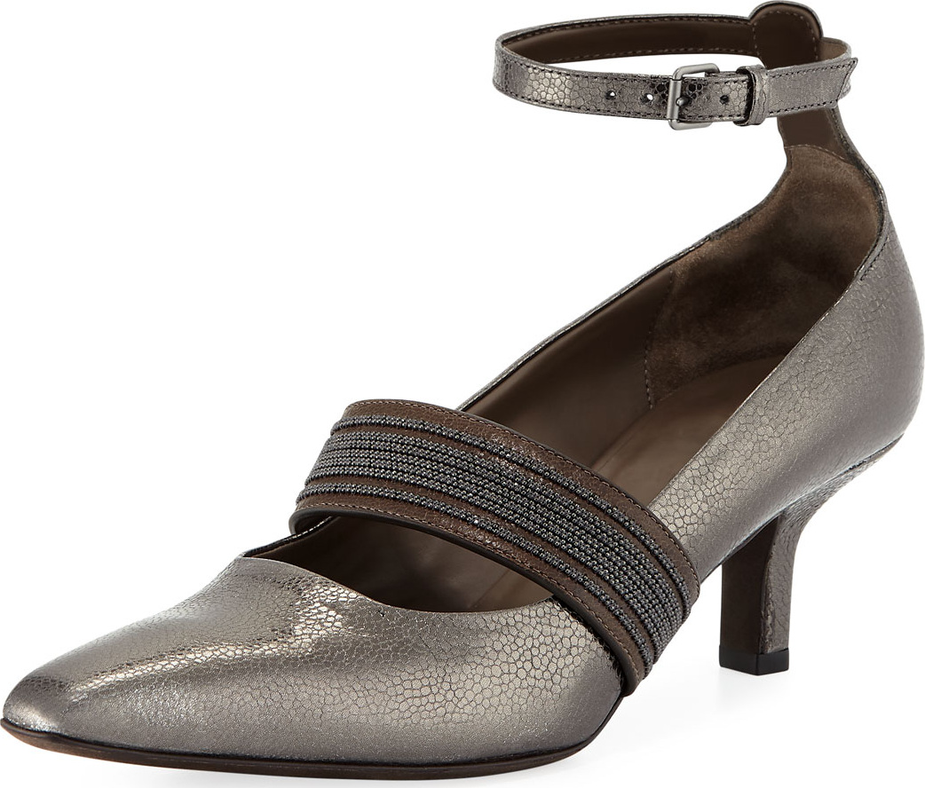 Brunello Cucinelli 55mm Metallic Leather Ankle-Wrap Pump