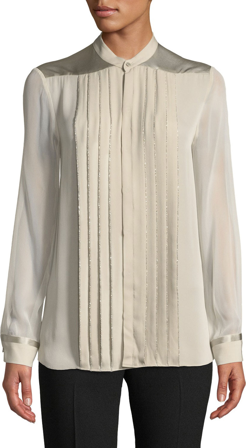 Elie Tahari Gilberta Small Chain Pleated Button-Front Silk Blouse Elie Tahari Gilberta Small Chain Pleated Button-Front Silk Blouse