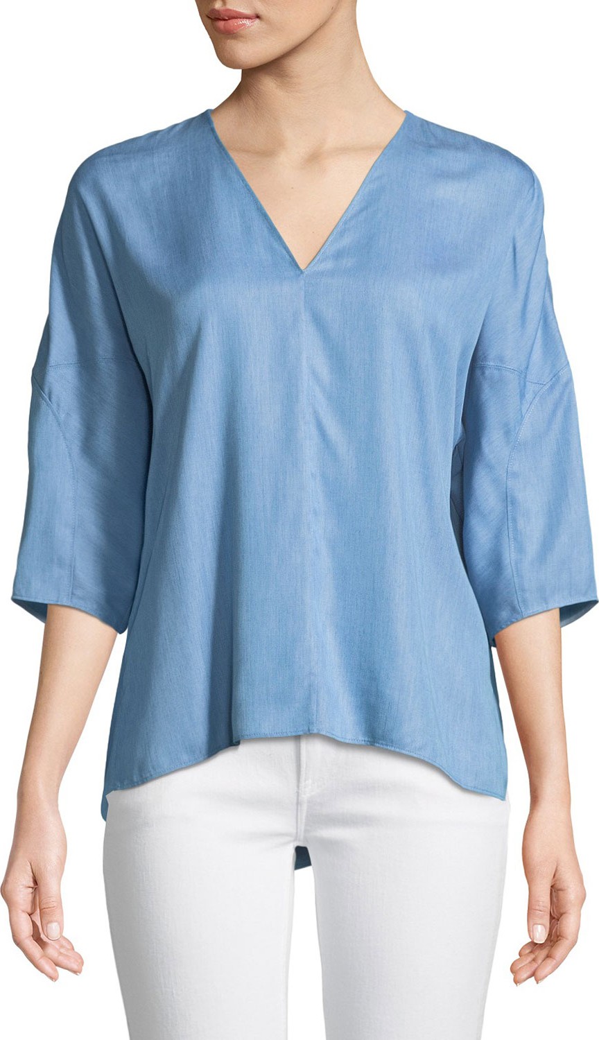 Tibi V-Neck 3/4-Sleeve Chambray Top