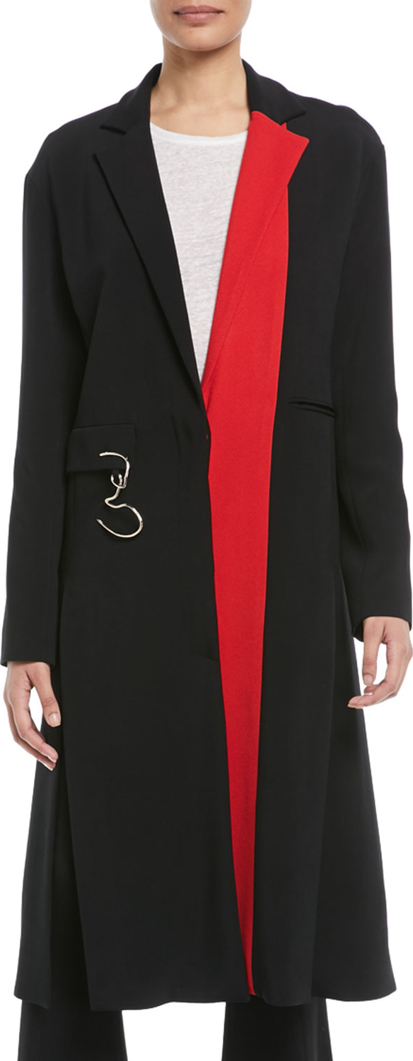 Cushnie Et Ochs Notched-Lapel Colorblocked Stretch-Cady Midi Coat w/ Twisted Hardware