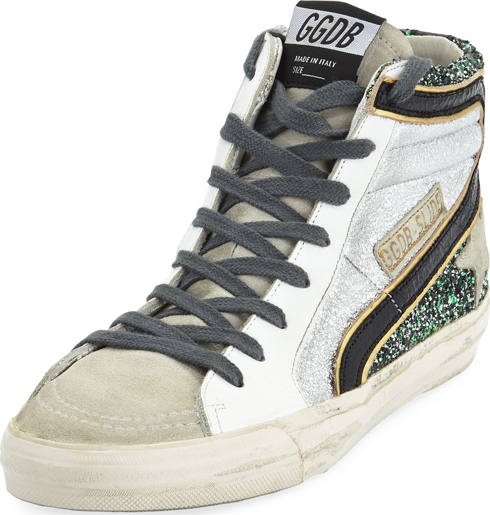Golden Goose Deluxe Brand Slide High-Top Glitter & Leather Sneakers