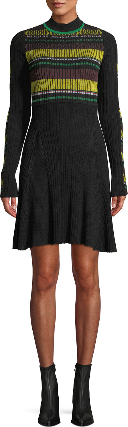 Opening Ceremony Ribbed Long-Sleeve Striped Flare Dress