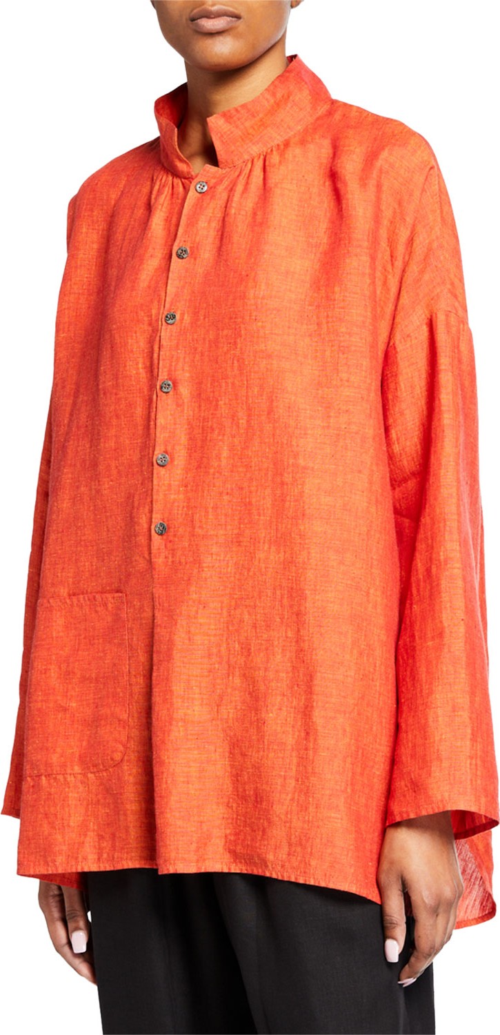 eskandar Melange Linen Sloped-Shoulder Smock Shirt