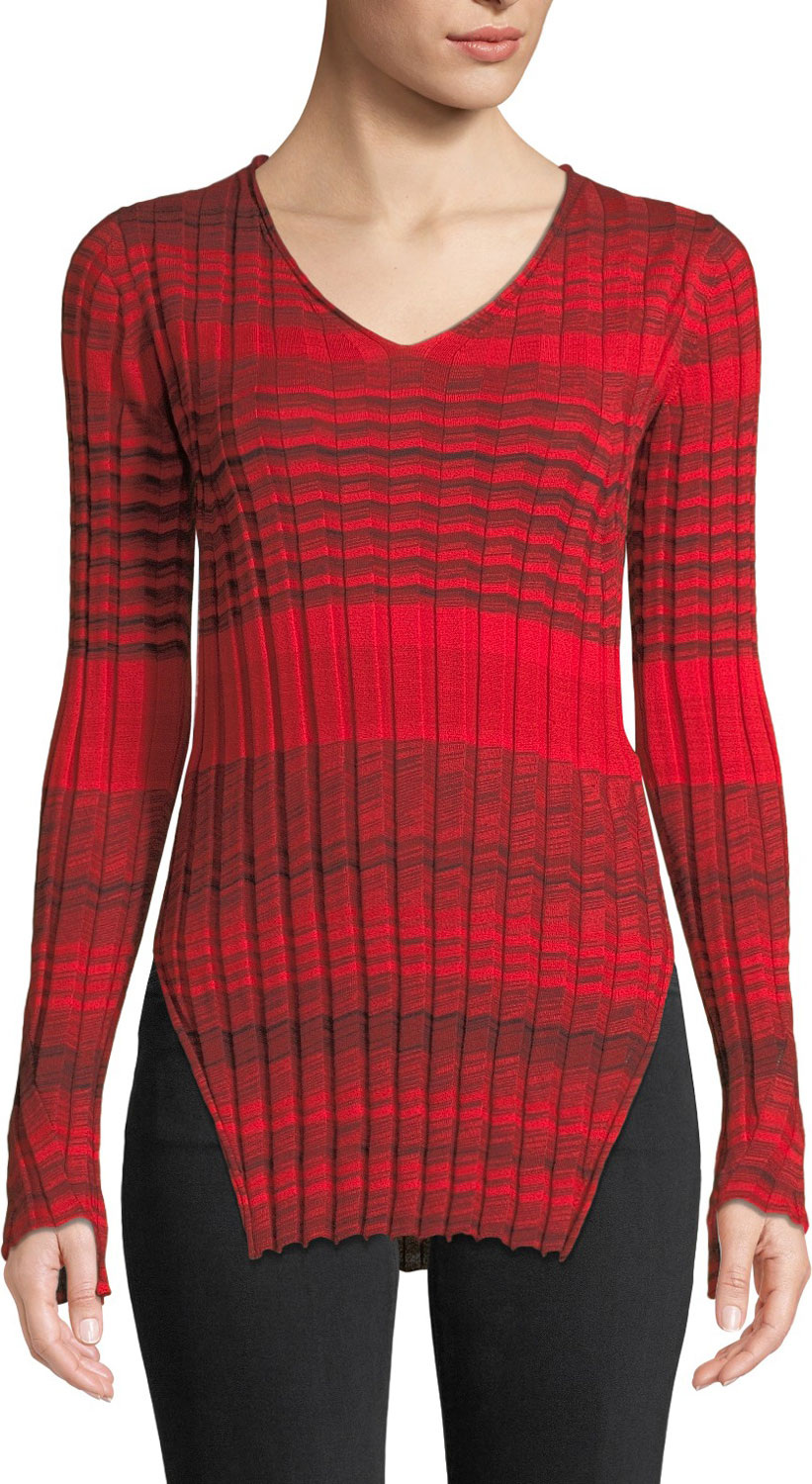 Helmut Lang Striped Ribbed Merino Wool V-Neck Sweater