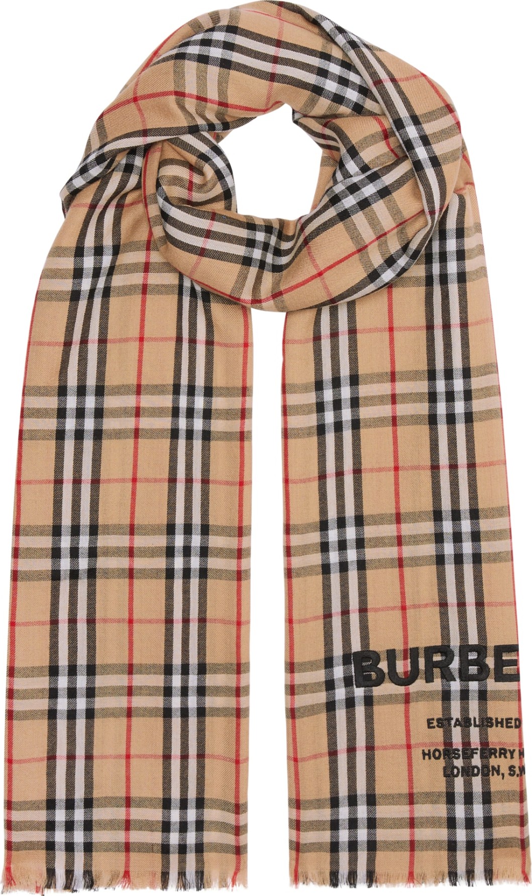 Burberry London England Embroidered Logo Vintage Check Cashmere Scarf