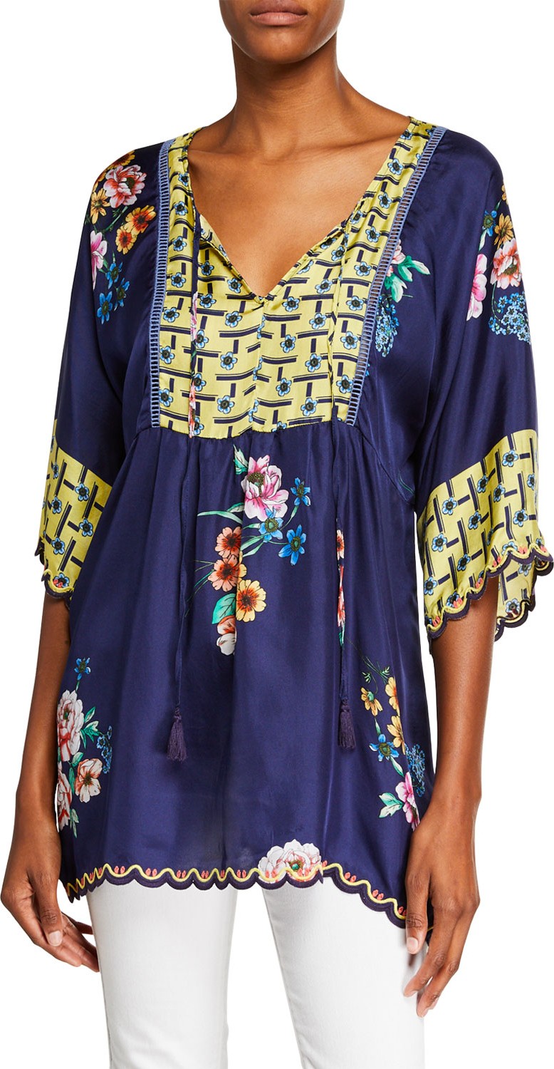 Johnny Was Zaline Tie-Front Silk Twill Easy Tunic