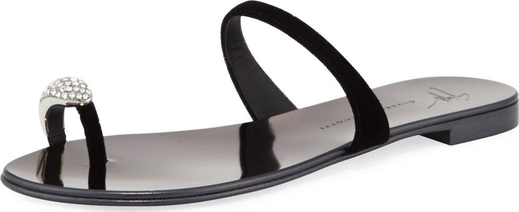 Giuseppe Zanotti NuvoRock Velvet Flat Sandal with Crystal Toe