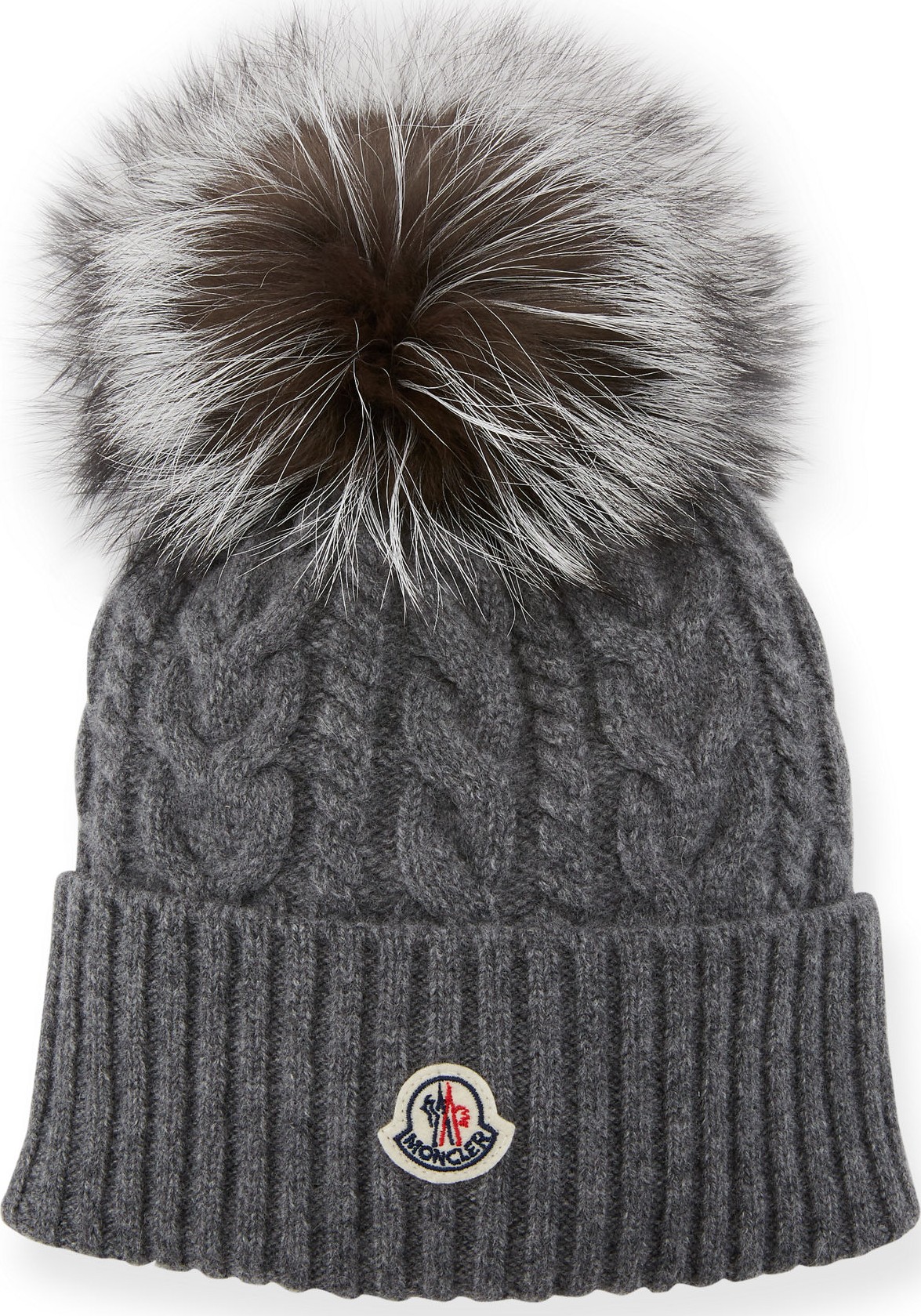 Moncler Cable-Knit Beanie Hat w/ Fur Pompom
