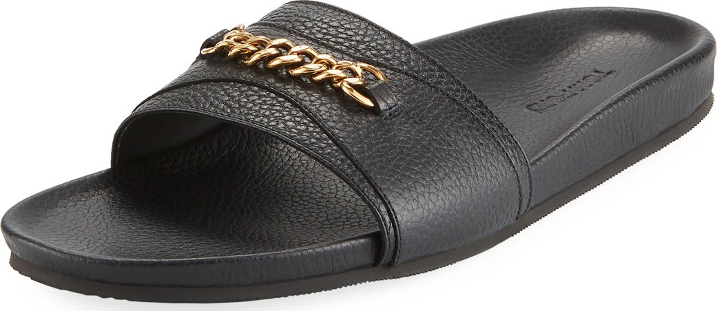 TOM FORD Leather Slide Sandal with Curb-Link Chain