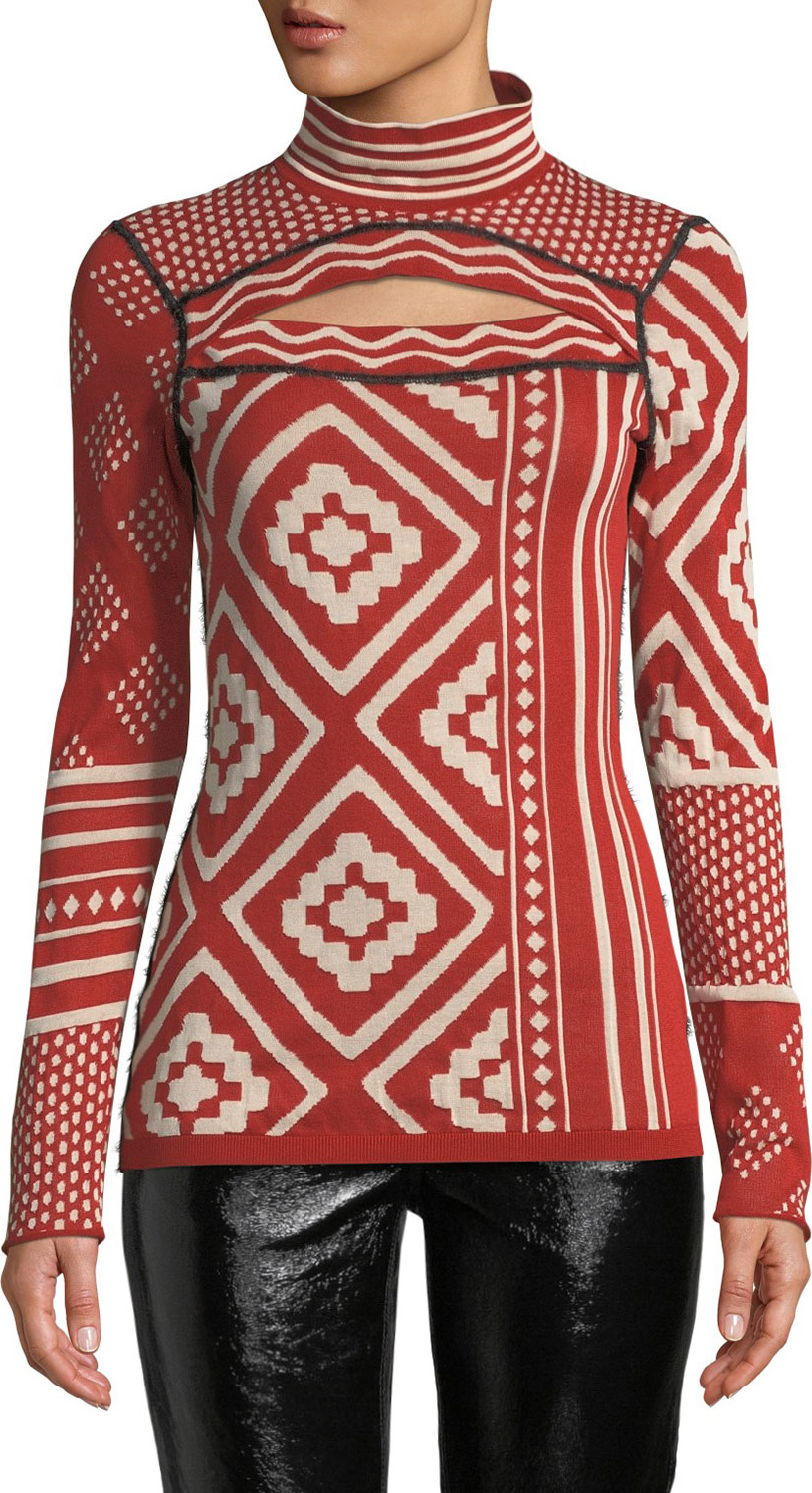 Proenza Schouler Slit Turtleneck Long-Sleeve Deco-Jacquard Top