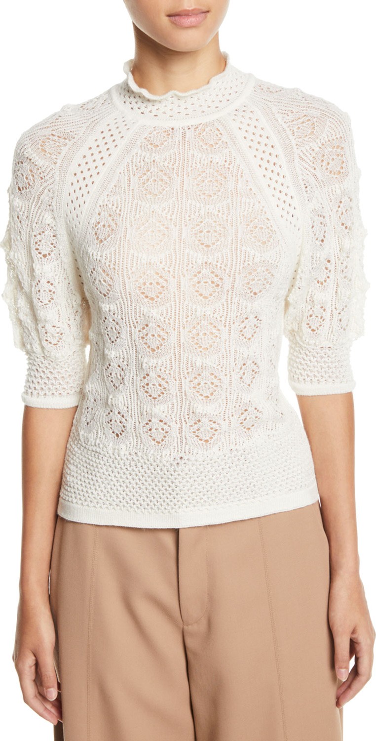 See By Chloé Lace Knit High-Neck Short-Sleeve Sweater