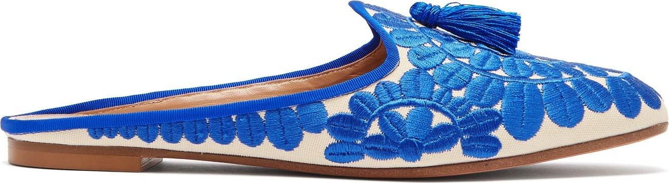 Aquazzura Fez floral-embroidered twill backless loafers