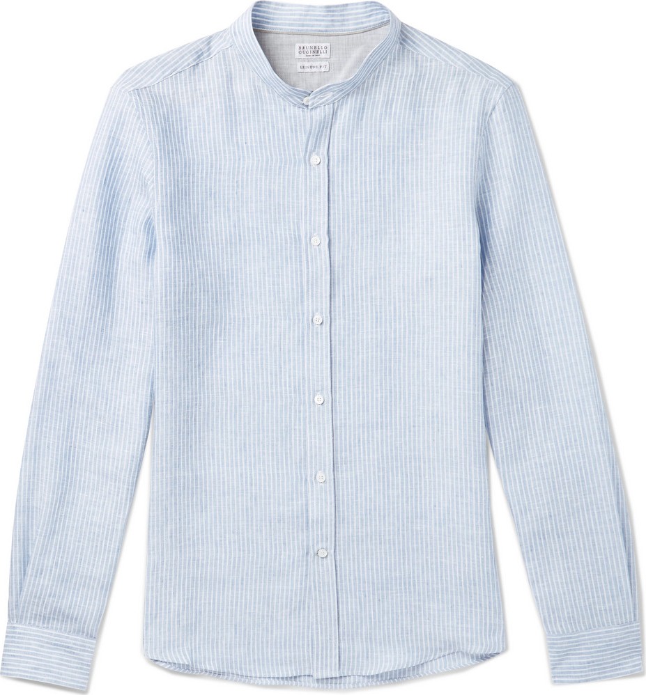 Brunello Cucinelli Slim-Fit Grandad-Collar Pinstriped Linen Shirt