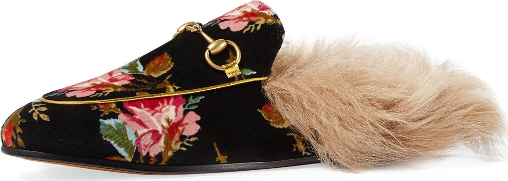 Gucci Flat Princetown Floral Print Velvet Mule With Fur