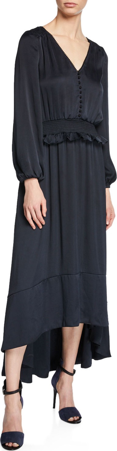 ML Monique Lhuillier V-Neck Blouson-Sleeve Satin High-Low Dress