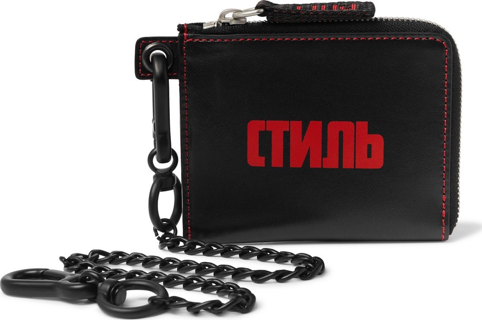 Heron Preston Chain-Embellished Logo-Print Leather Zip-Around Wallet