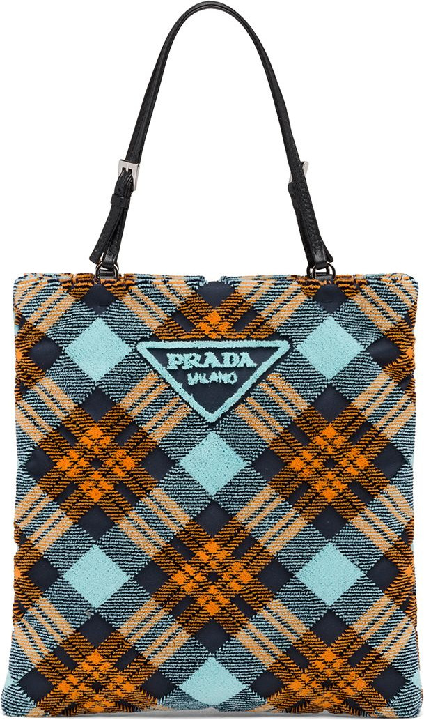 Prada - Logo-plaque plaid velvet tote bag Prada - Logo-plaque plaid velvet tote bag