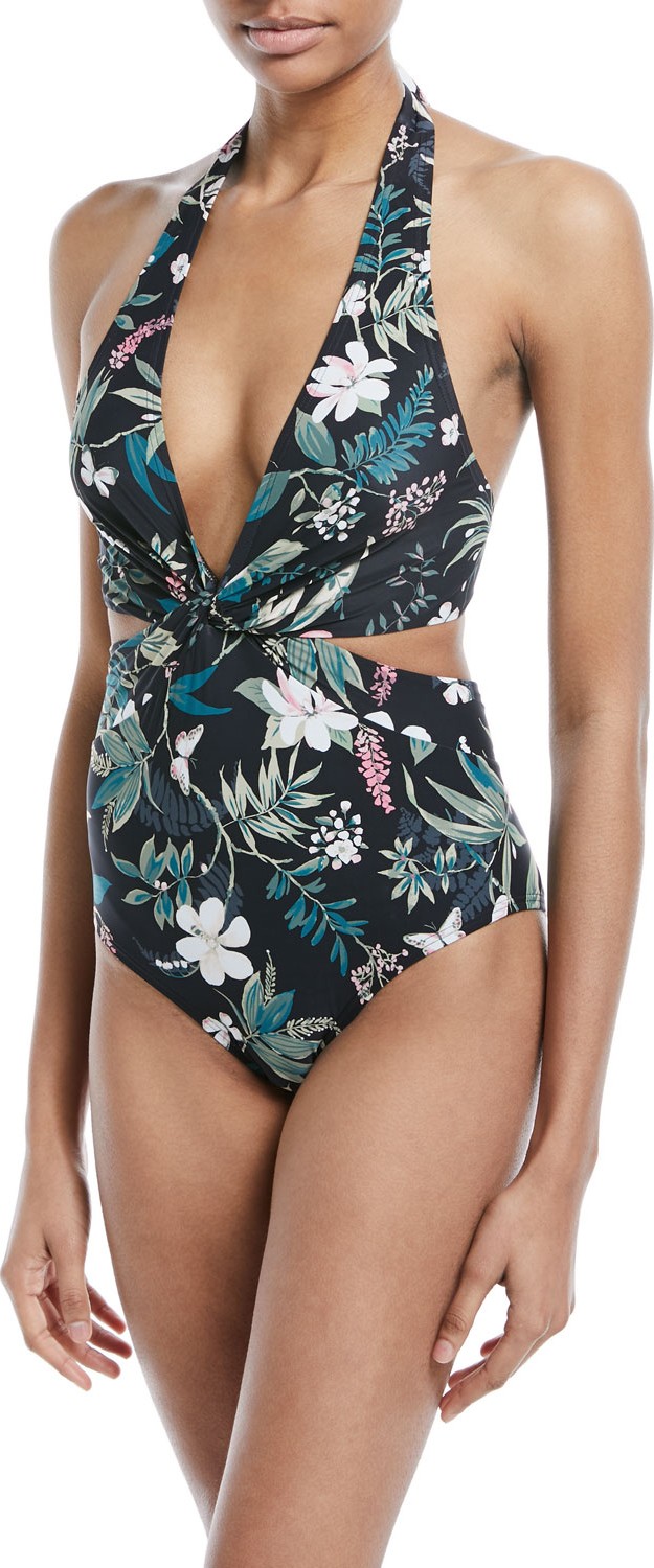 Kate Spade New York floral-print knotted halter one-piece swimsuit