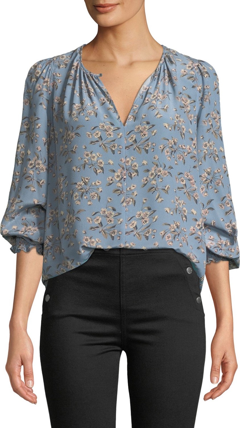 Rebecca Taylor Tilda Floral Shirred Long-Sleeve Charmeuse Top