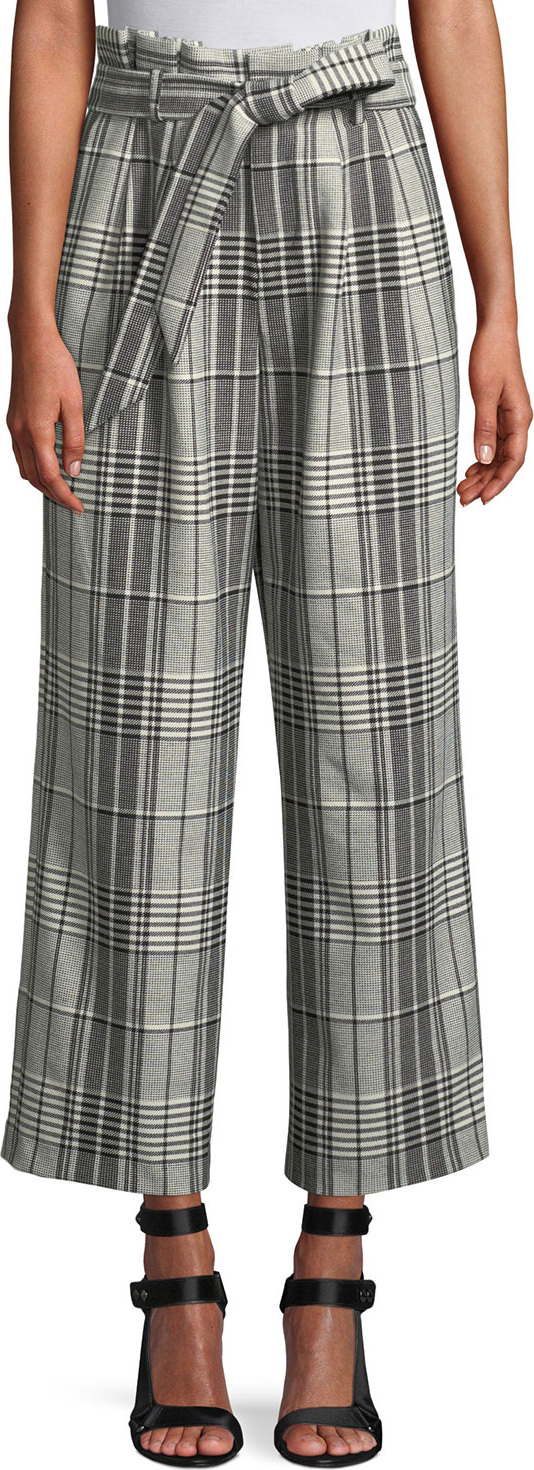 Alice + Olivia Farrel Paperbag Waist Pleated Wide-Leg Windowpane Check Pants