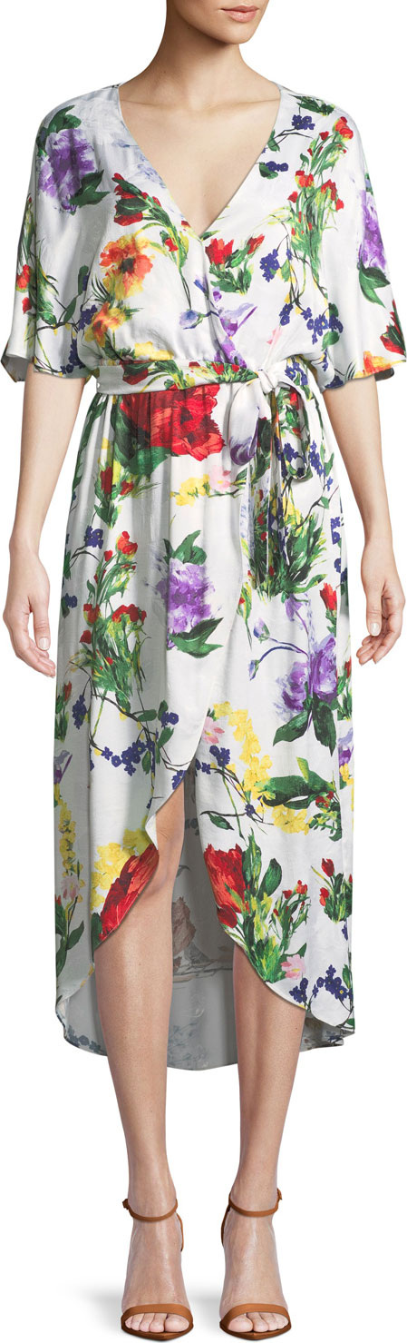 Alice + Olivia Clarine Floral-Print Wrap Dress with Oversize Sleeves