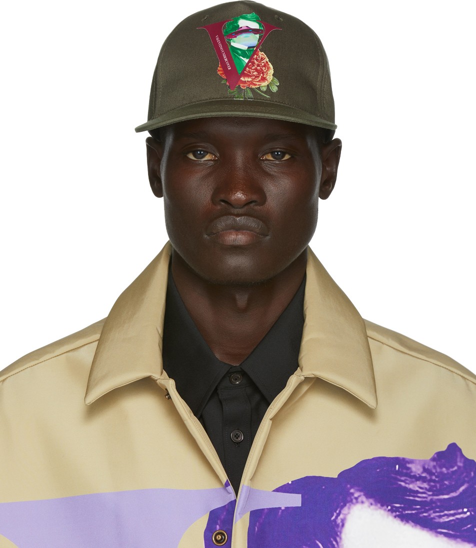 Valentino Green Valentino Garavani Undercover Edition V Face Rose Print Cap
