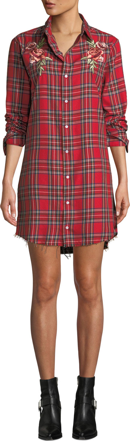 KENDALL + KYLIE Embroidered Plaid Frayed Shirtdress