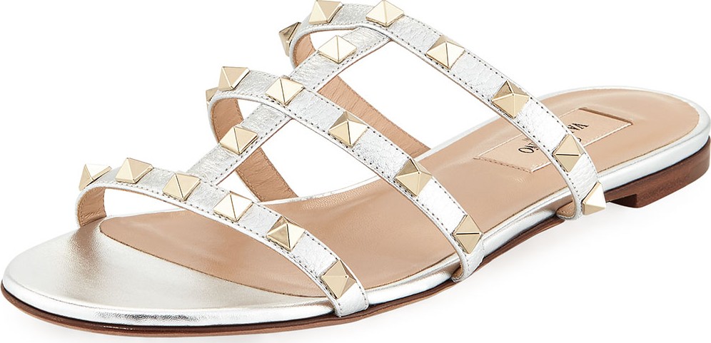Valentino Rockstud Leather Flat Slide Sandal