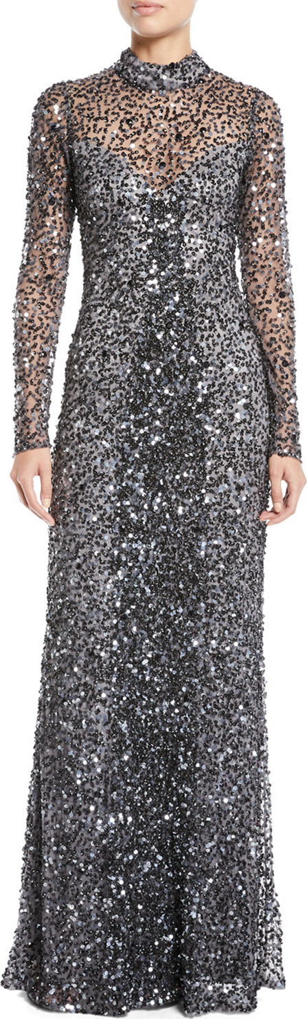Parker Leandra Sequin Long-Sleeve Gown Dress