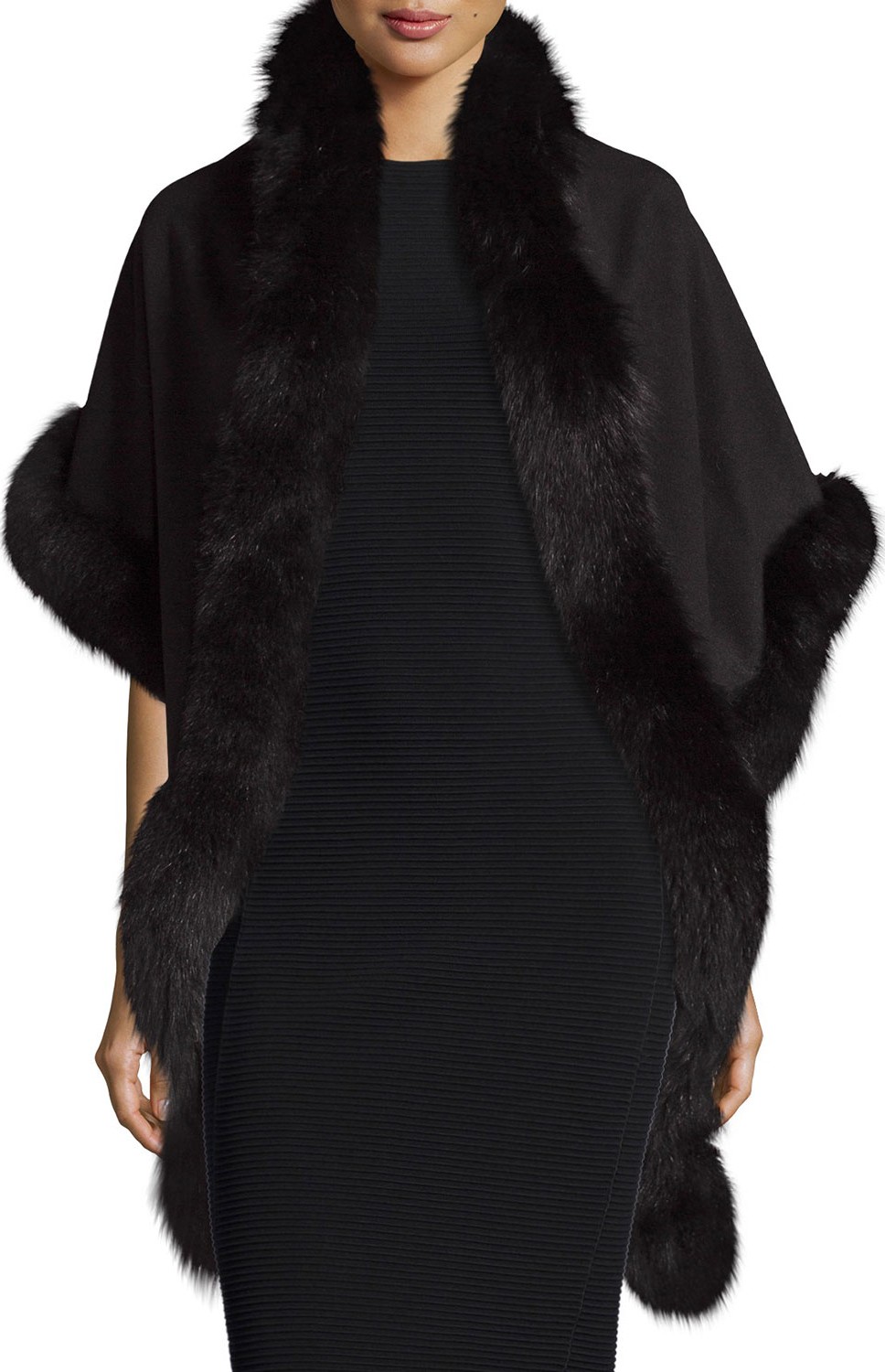 Sofia Cashmere Cashmere Fox-Trim Shawl, Black