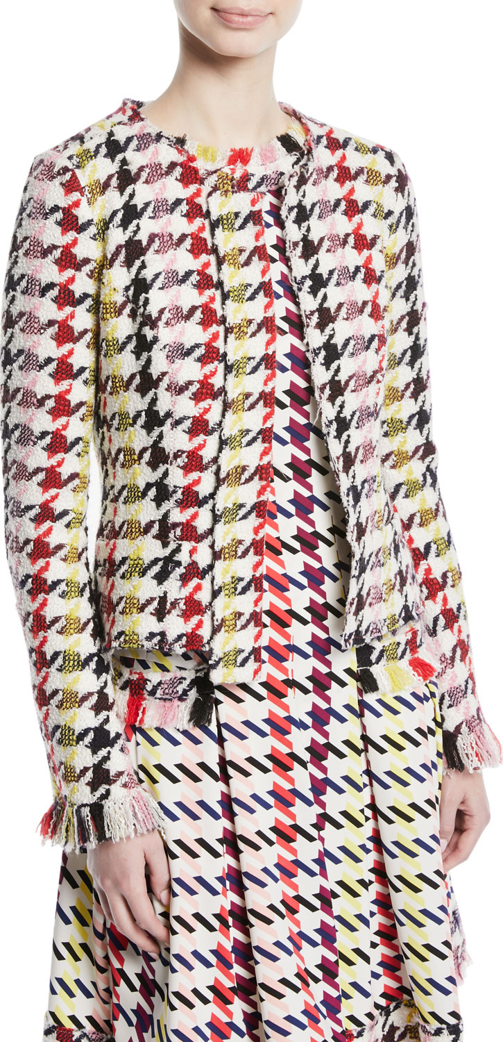 Oscar De La Renta Multi-Check 2-Pocket Cropped Tweed Jacket
