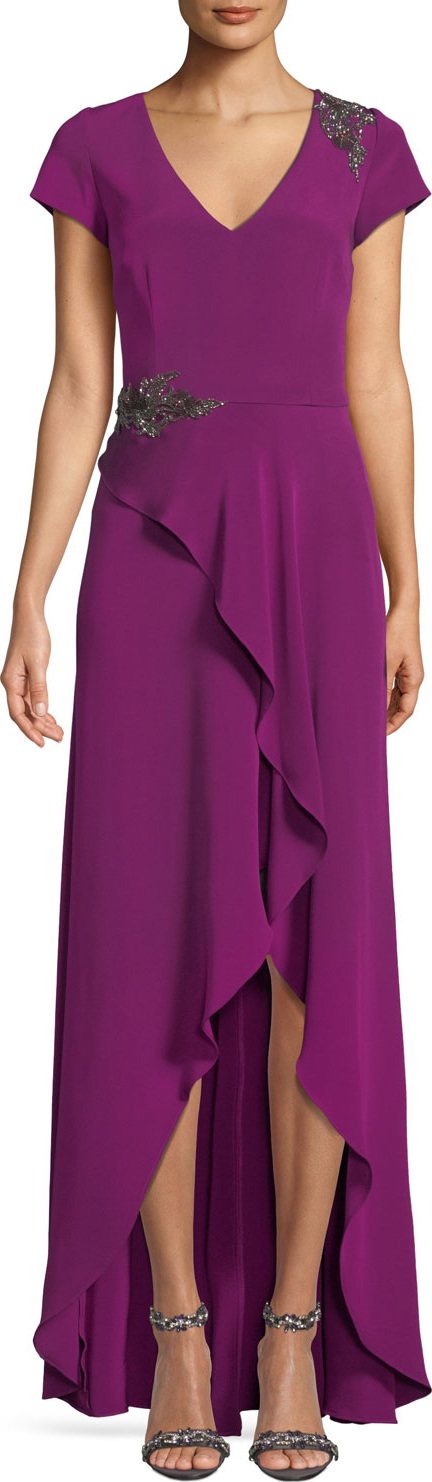 David Meister Bead Embellished Gown w/ Asymmetric Slit