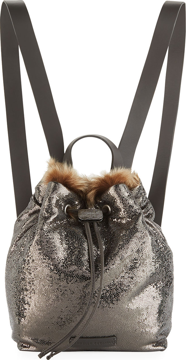 Brunello Cucinelli Broken-Glass Effect Backpack with Shearling Fur