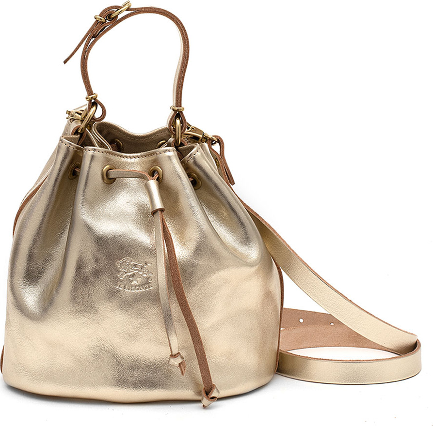 Il Bisonte Metallic Leather Drawstring Bucket Bag, Champagne
