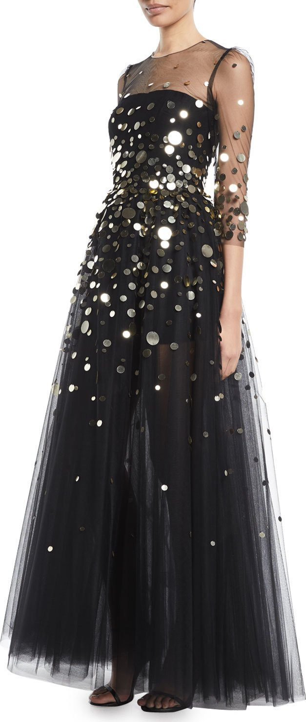 Monique Lhuillier 3/4-Sleeve Macro-Paillette Tulle Evening Gown