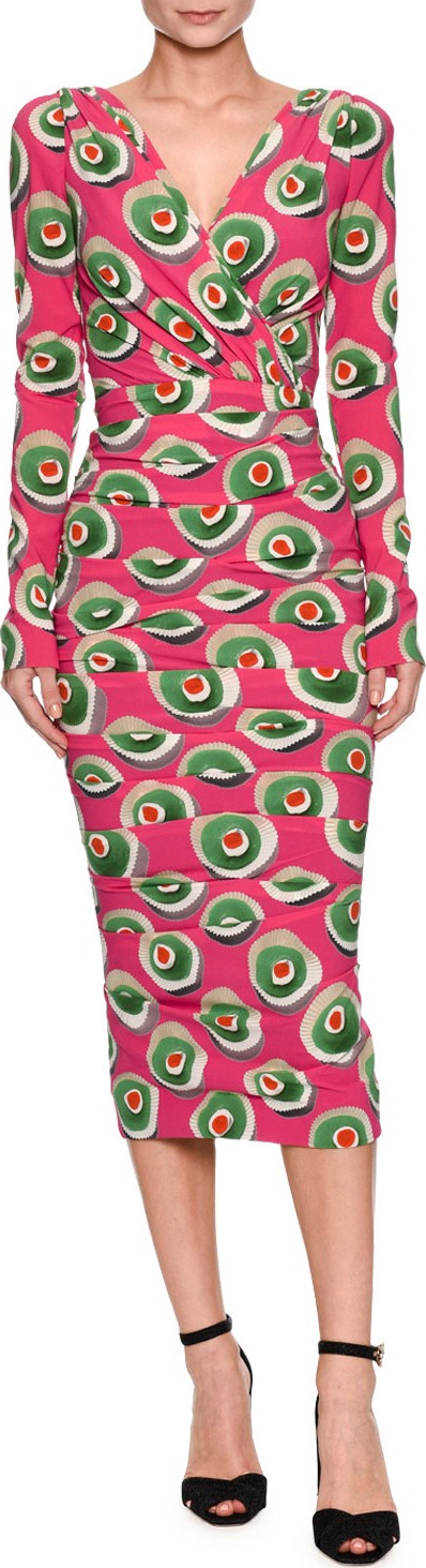 Dolce & Gabbana Long-Sleeve V-Neck Pastry-Print Silk Midi Dress