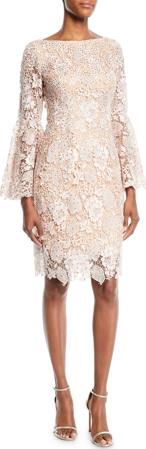 Jovani Scalloped Lace Cocktail Dress w/ Trumpet Sleeves