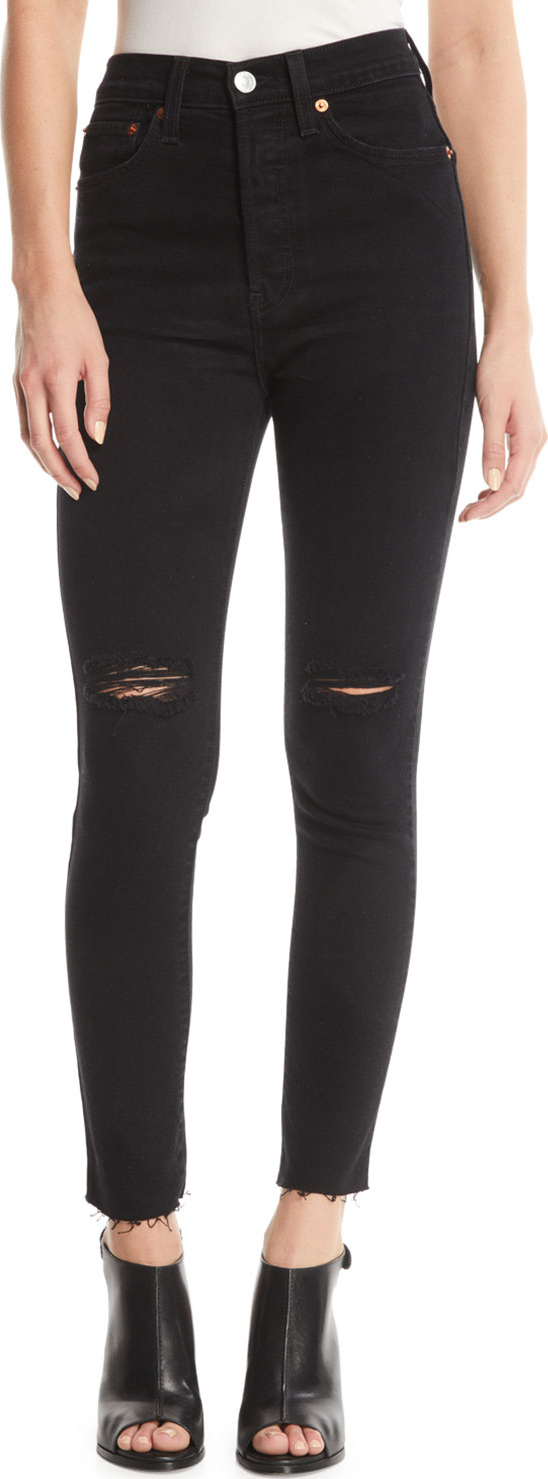 RE/DONE High-Rise Skinny Frayed Ankle Jeans with Ripped Knees