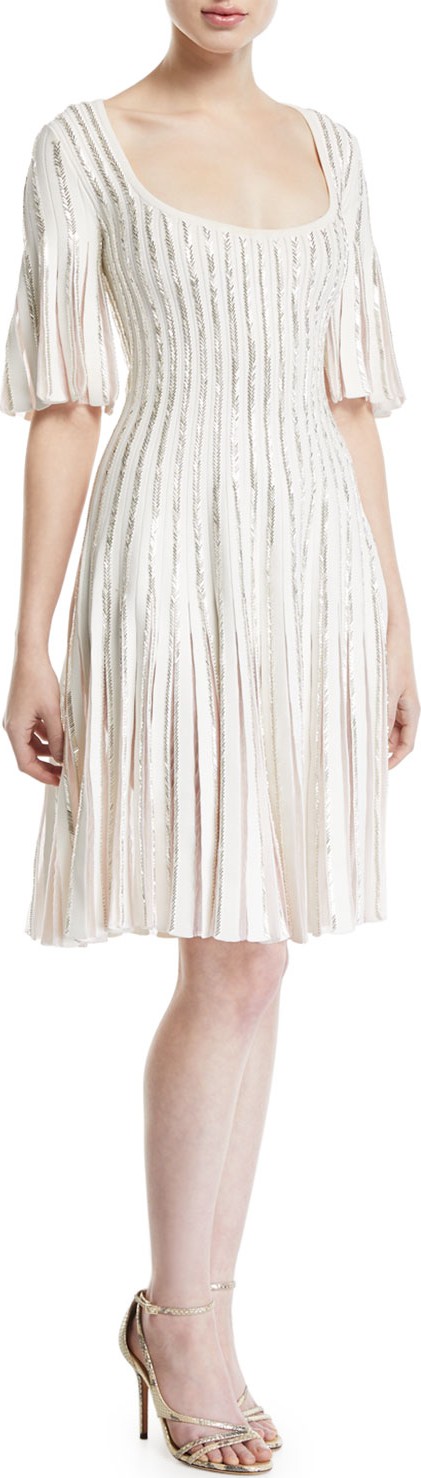 Zac Posen Bell-Sleeve Shimmer-Striped Knit Dress