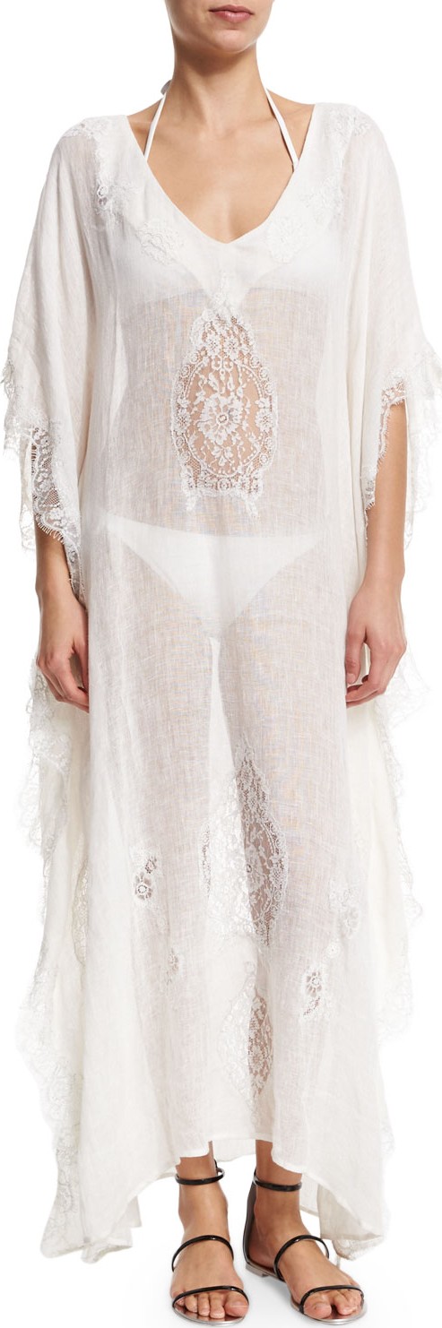 Flora Bella Tivoli Lace-Inset Long Caftan Coverup, White