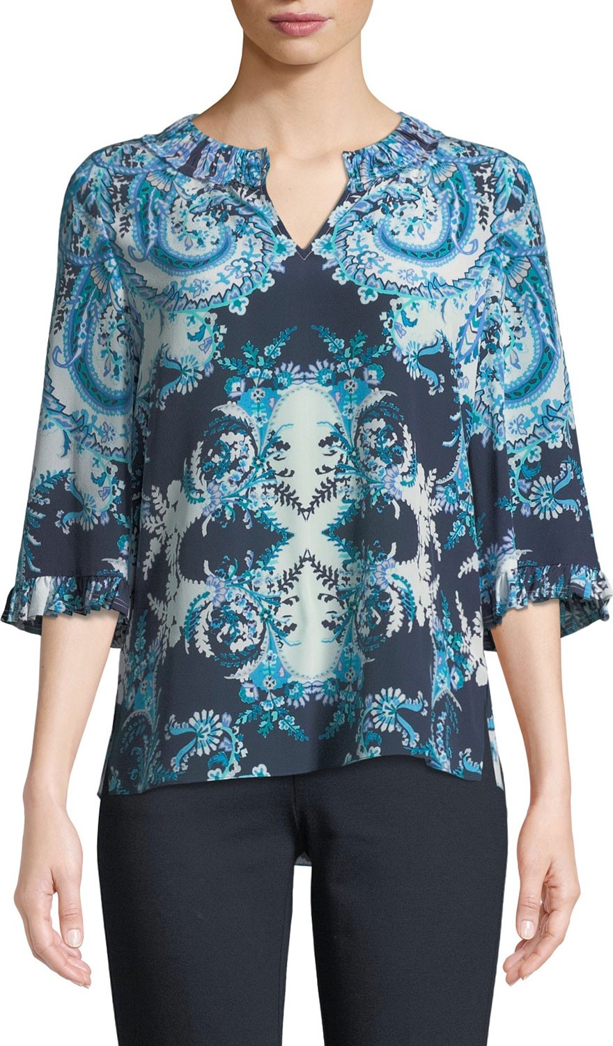 KOBI HALPERIN Nina 3/4-Sleeve V-Neck Patterned-Print Silk Blouse