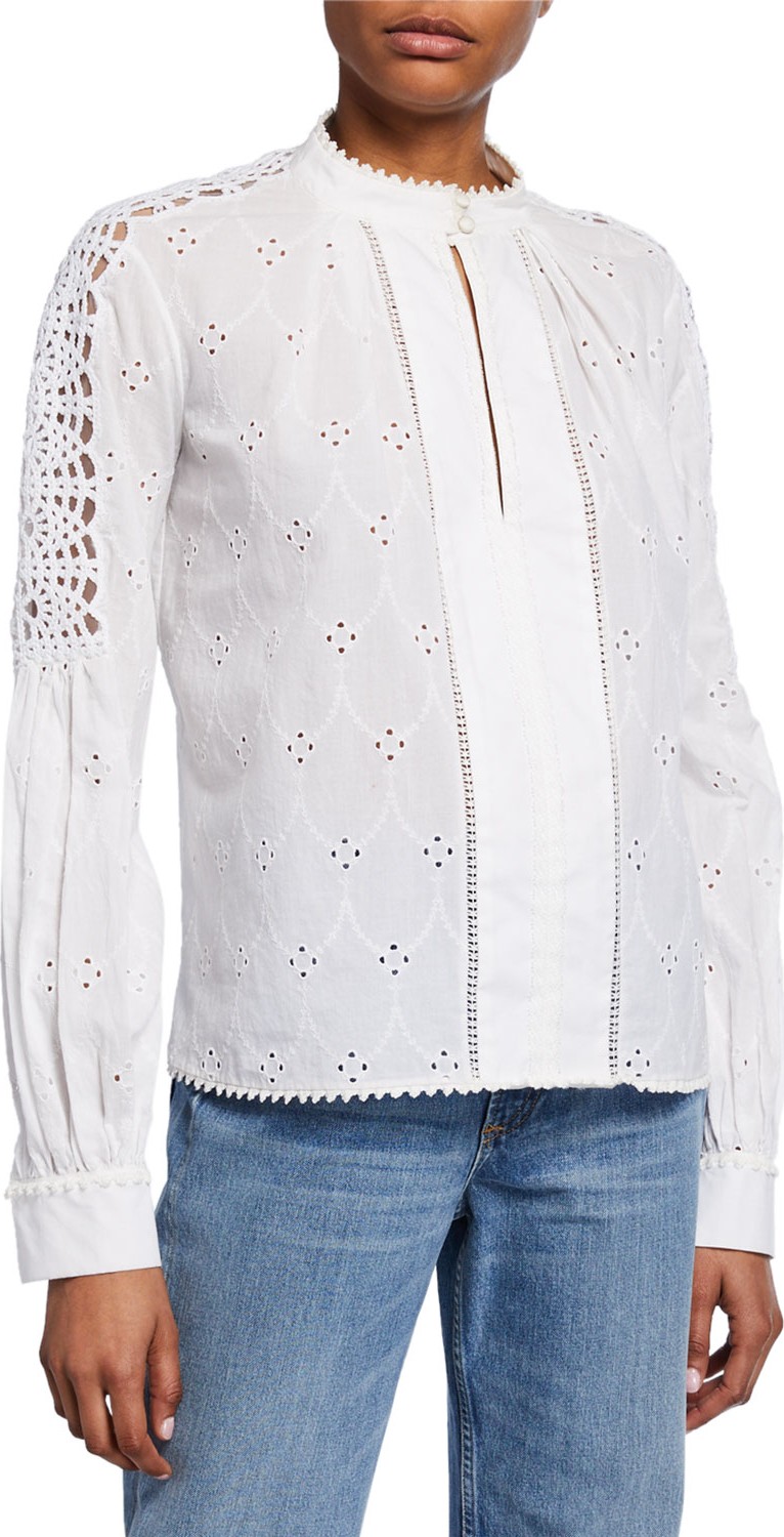 Jonathan Simkhai Long-Sleeve Button-Down Eyelet Cotton Shirt w/ Lace Trim
