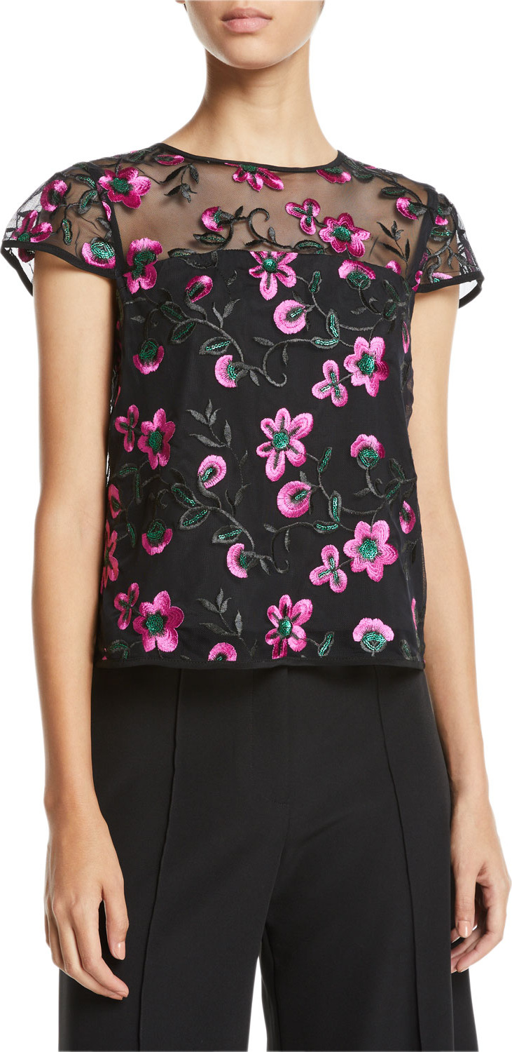 MILLY Cap-Sleeve Floral-Embroidered Tulle Tee