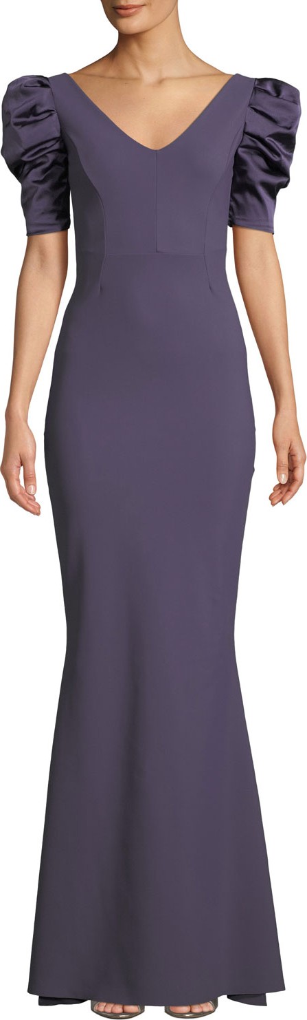 La Petite Robe di Chiara Boni Meve V-Neck Shirred Satin-Sleeve Mermaid Gown