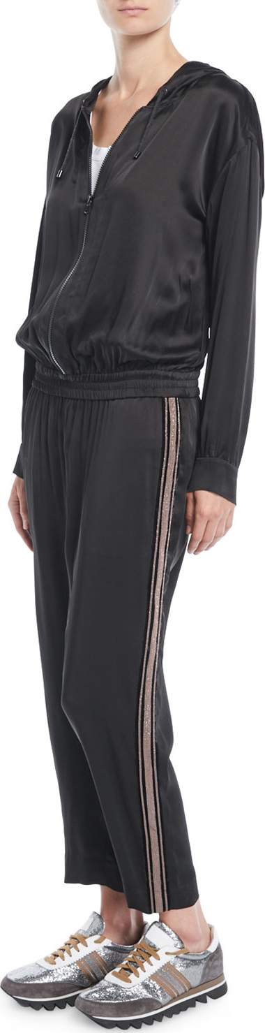 Brunello Cucinelli Hooded Satin Track Jumpsuit w/ Monili Racing Stripe