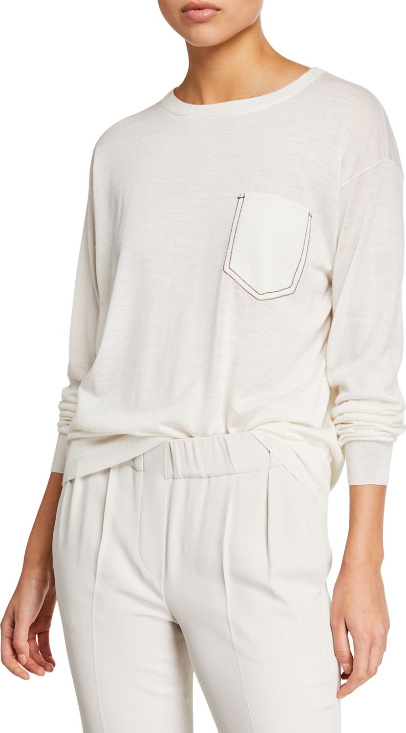 Brunello Cucinelli Monili-Pocket Long-Sleeve Cashmere-Silk Tee