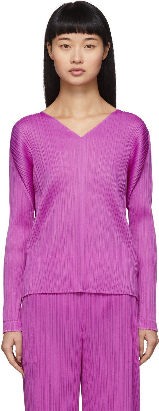 Pleats Please By Issey Miyake Purple Pleats V-Neck Pullover