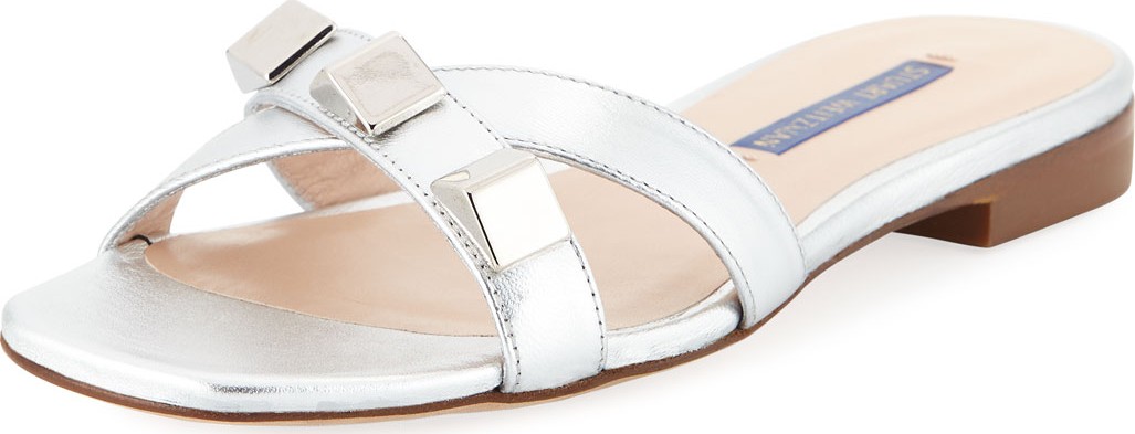 Stuart Weitzman Flat Metallic Studded Sandals, Silver