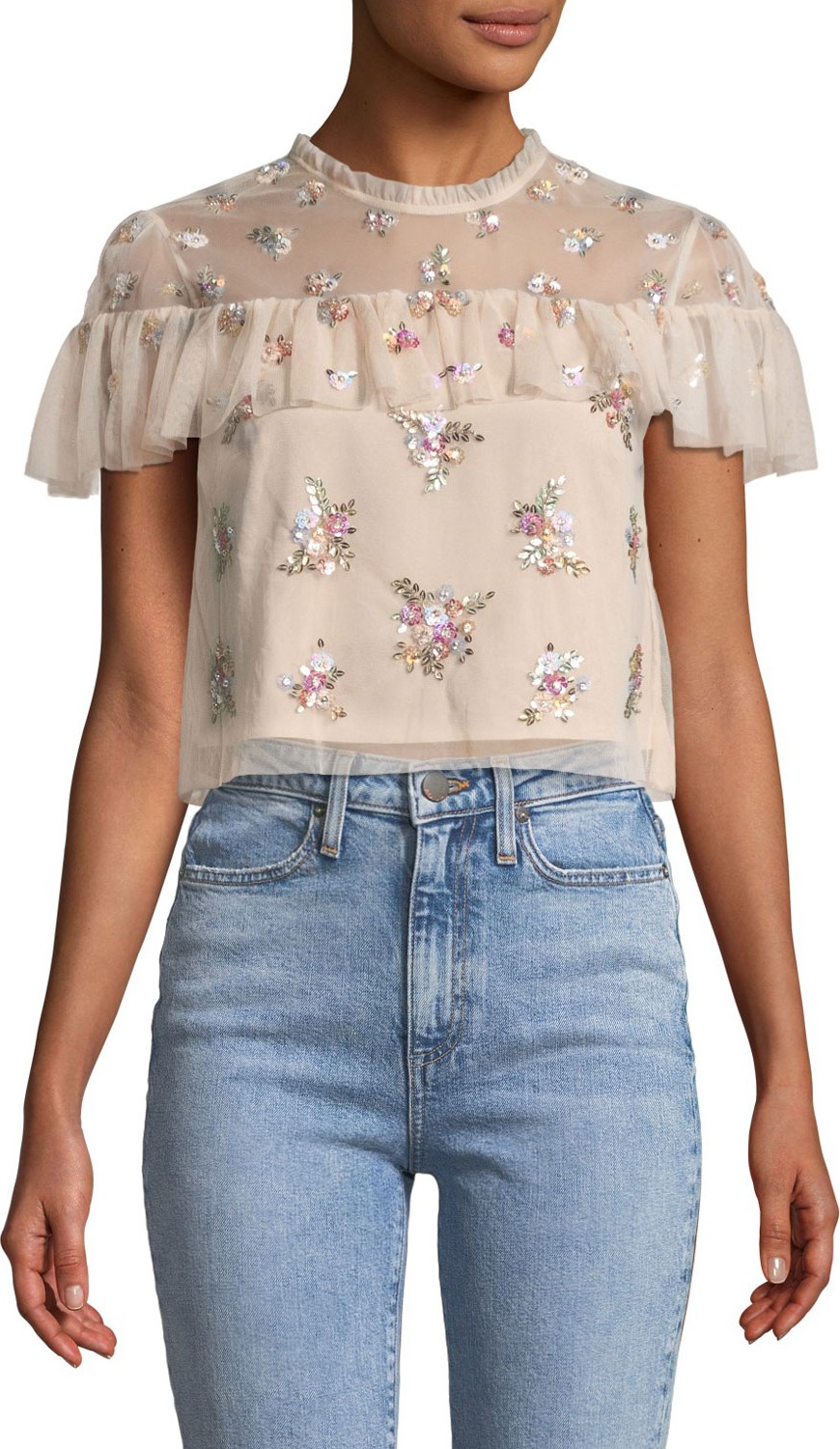 Needle & Thread Lustre Floral Embellished Ruffle Crop Top