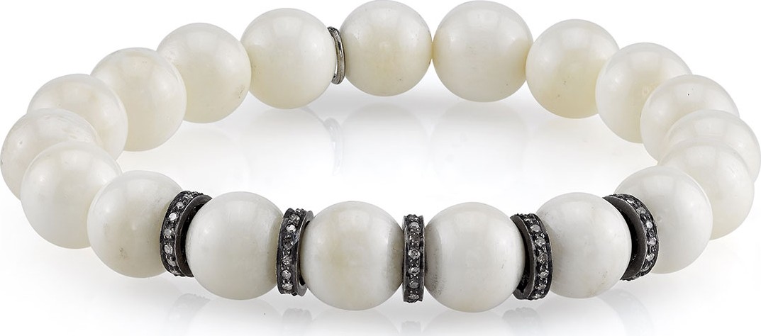 Sheryl Lowe Beaded White Bone Bracelet w/ Silver Diamond Rondelles